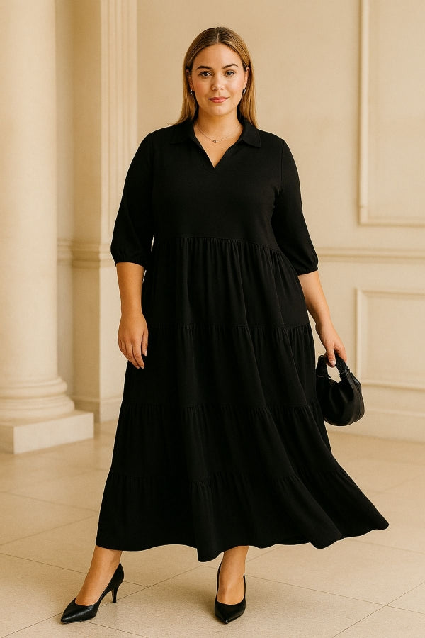 Büyük Beden V Yaka Yarım Kollu Beli Lastikli Uzun Elbise 302150 Vervegrand