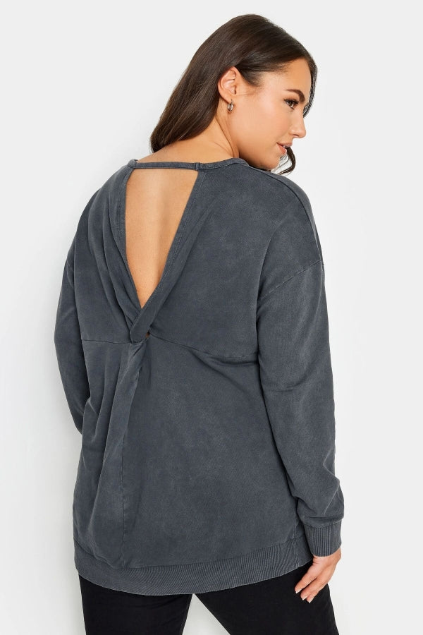 Büyük Beden Bisiklet Yaka Sırt Detaylı Uzun Kollu Yıkamalı Sweatshirt 302775 Vervegrand