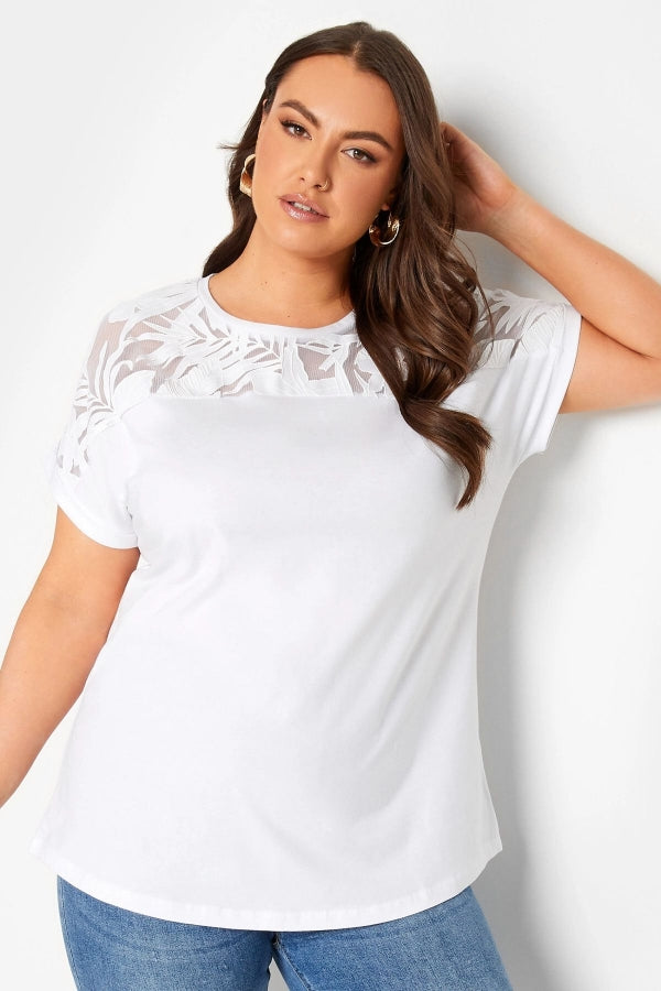 Büyük Beden Desenli Tül Detaylı Bisiklet Yaka Kısa Kollu T-shirt 320826 Vervegrand