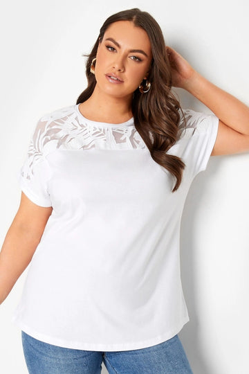 Büyük Beden Desenli Tül Detaylı Bisiklet Yaka Kısa Kollu T-shirt 320826 Vervegrand