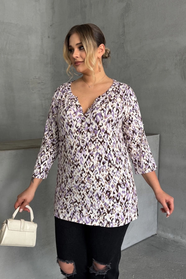 Büyük Beden V Yaka Önü Düğmeli Kolları Katlama Detaylı Likralı Bluz 1017 Vervegrand