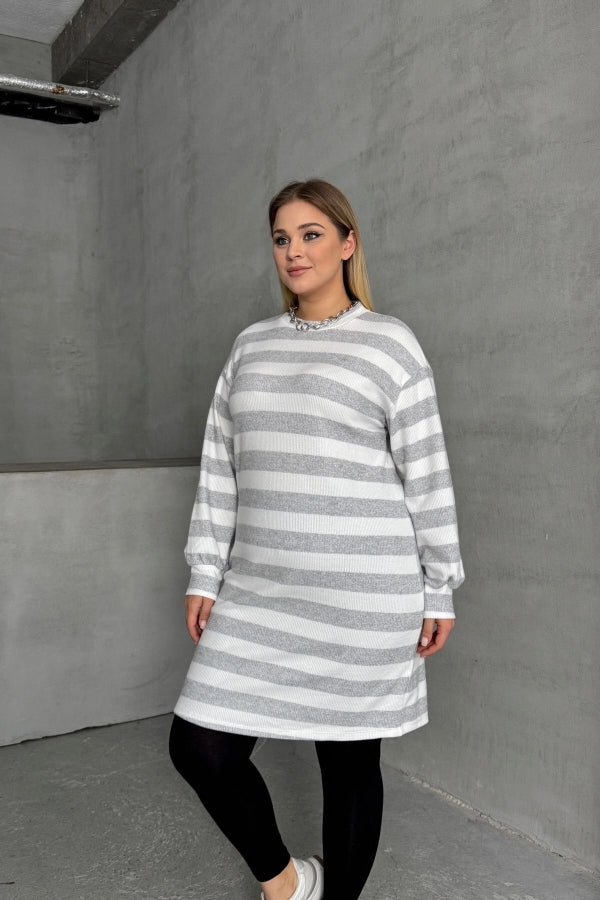 Büyük Beden Bisiklet Yaka Uzun Kollu Bileği Lastikli Çizgili Elbise 303063 Vervegrand