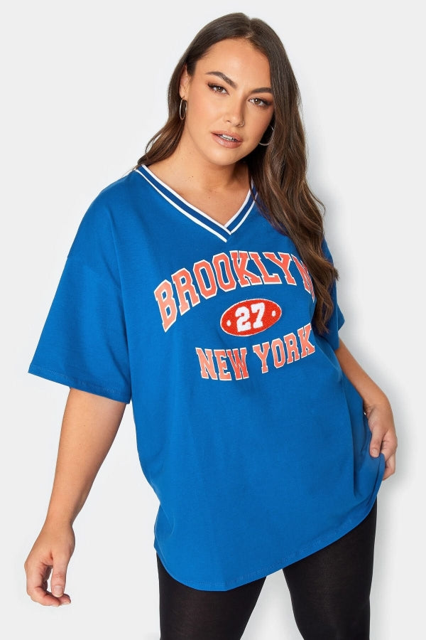 Vervegrand mavi büyük beden Brooklyn baskılı V yaka t-shirt ön görünüm