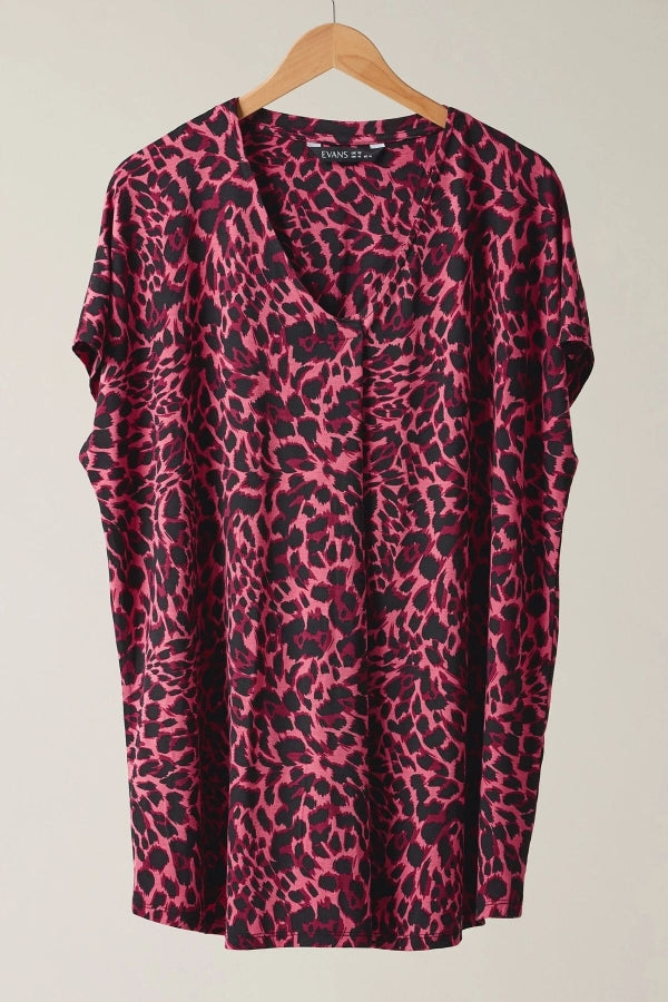 Büyük Beden Çentik Yaka Kısa Kollu Leopar Desenli Bluz 615606 Vervegrand