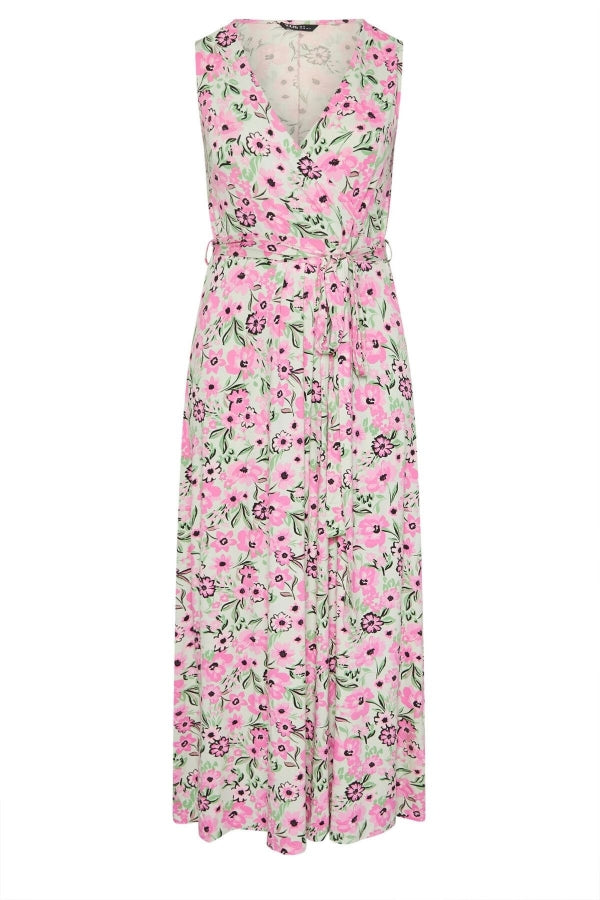 Büyük Beden V Yaka Sıfır Kol Beli Kuşaklı Desenli Maxi Elbise 303990 Vervegrand