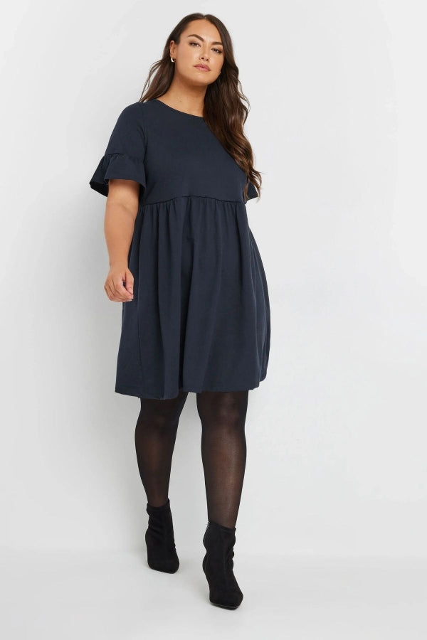 Büyük Beden Bisiklet Yaka Kısa Fırfır Kollu Beli Lastikli Mini Elbise 303646 Vervegrand