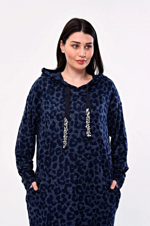 Büyük Beden Leopar Desenli Kapüşonlu Cepli Tunik 301804 Vervegrand
