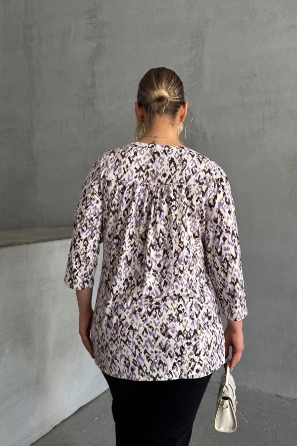 Büyük Beden V Yaka Önü Düğmeli Kolları Katlama Detaylı Likralı Bluz 1017 Vervegrand