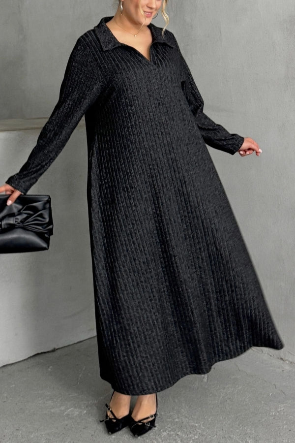 Büyük Beden V Yaka Uzun Kollu Fitilli Eteği Bollaşan Uzun Elbise 322181 Vervegrand