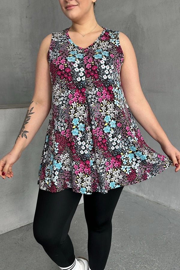 Büyük Beden V Yaka Sıfır Kol Çiçek Desenli Bluz 302261 Vervegrand