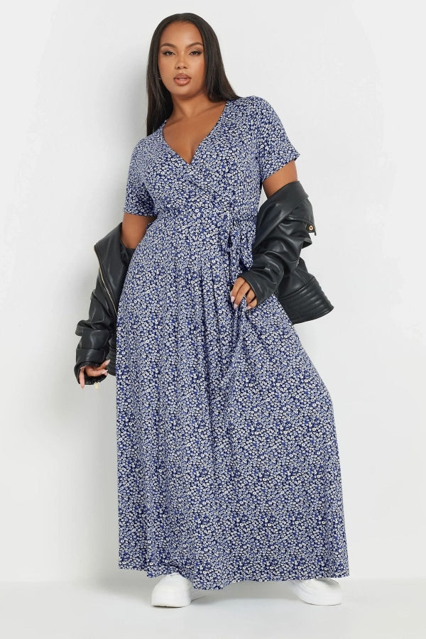 Büyük Beden V Yaka Kısa Kollu Önü Kuşaklı Maxi Elbise 303506 Vervegrand