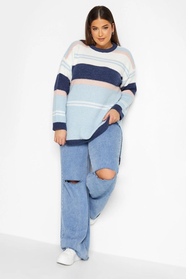 Büyük Beden Çizgili Yuvarlak Yaka Yırtmaç Detaylı Triko Kazak 301830 Vervegrand