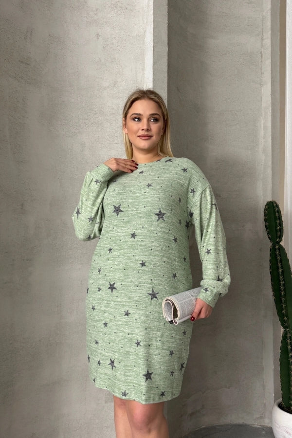Büyük Beden Uzun Kollu Bisiklet Yaka Yıldız Desenli Esnek Elbise 84-158 Vervegrand