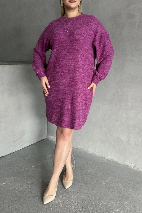 Büyük Beden Uzun Kollu Bisiklet Yaka Kırçıllı Elbise 84-162 Vervegrand