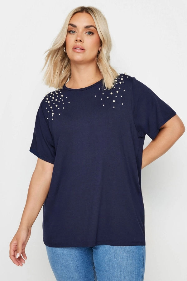 Büyük Beden Bisiklet Yaka Kısa Kollu İnci İşlemeli T-shirt 321885 Vervegrand