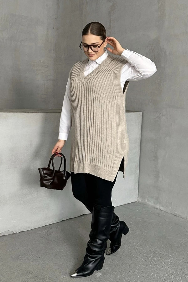 Büyük Beden V Yaka Kısa Kollu Triko Süveter 302133 Vervegrand