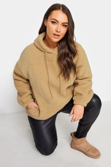 Vervegrand büyük beden bej peluş kapüşonlu sweatshirt
