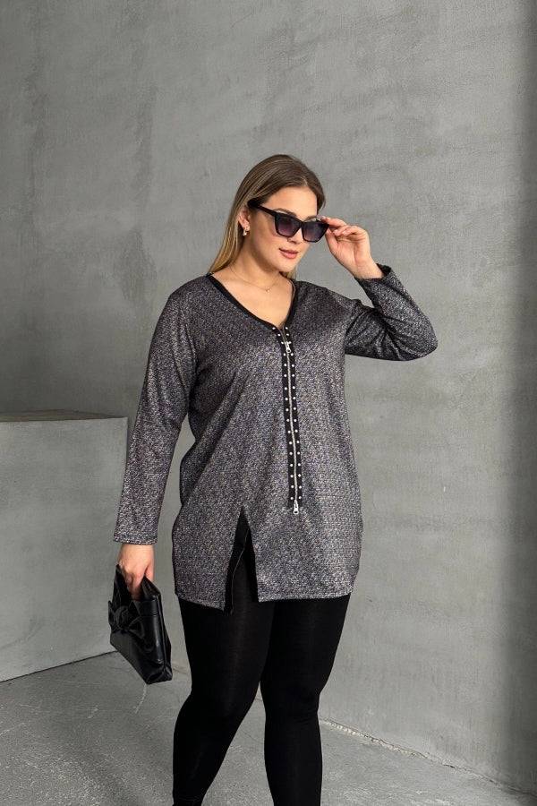 Büyük Beden V Yaka Önü Fermuarlı Yırtmaç Detaylı Bluz 173670 Vervegrand
