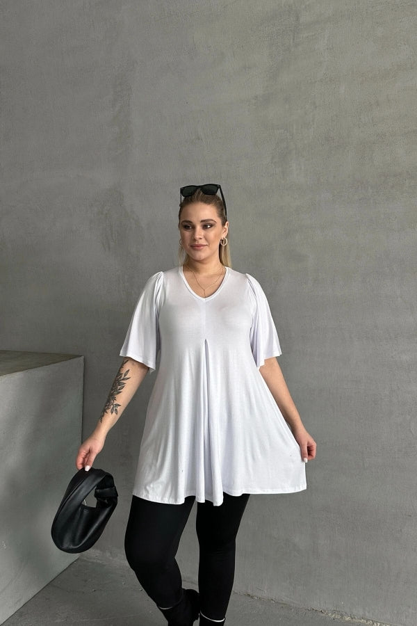 Büyük Beden V Yaka Desensiz Asimetrik Kesim Likralı Bluz MDL-2 Vervegrand