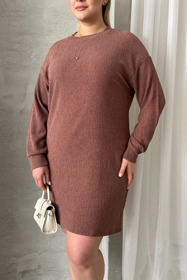 Büyük Beden Uzun Kollu Bisiklet Yaka Düz Kesim Elbise 100-189 Vervegrand