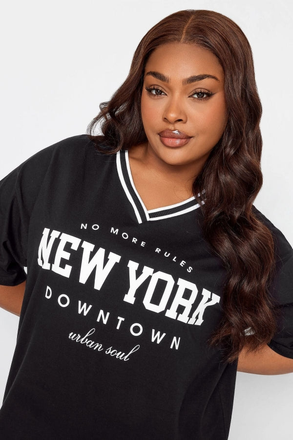 Vervegrand uzun kesim büyük beden siyah t-shirt yaka ve baskı detayı