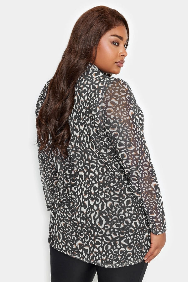 Büyük Beden Boğazlı Kolları Tül Detaylı İçi Astarlı Leopar Desenli Bluz 302698 Vervegrand