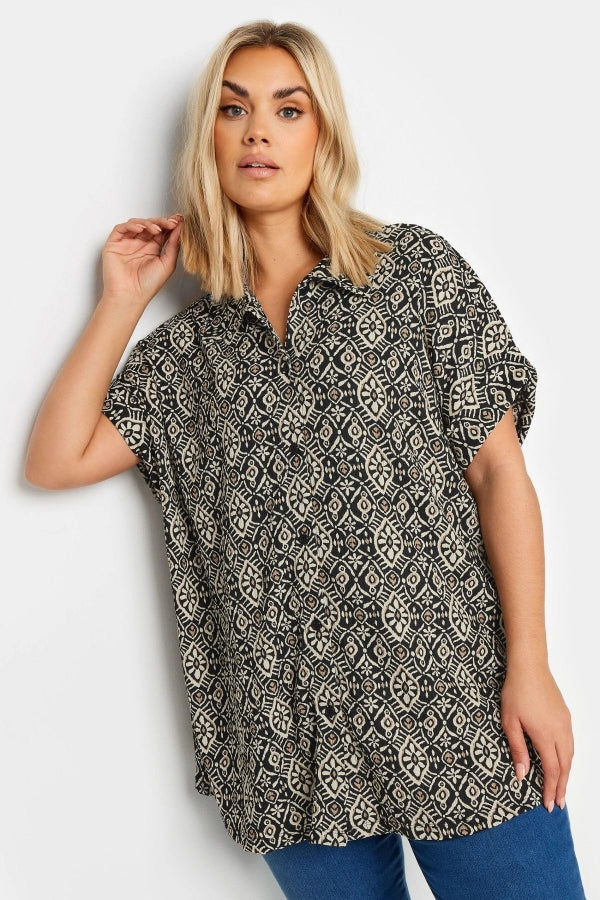 Büyük Beden Kısa Kollu Desenli Düğmeli Gömlek 303355 Vervegrand