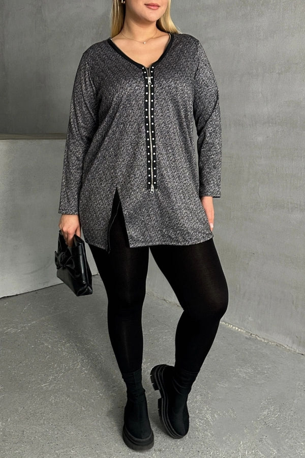 Büyük Beden V Yaka Önü Fermuarlı Yırtmaç Detaylı Bluz 173670 Vervegrand