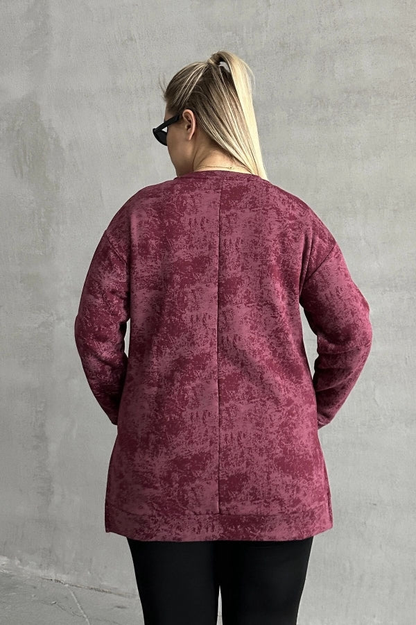 Büyük Beden Uzun Kollu Bisiklet Yaka Önü Cepli Desenli Sweatshirt 106-78 Vervegrand