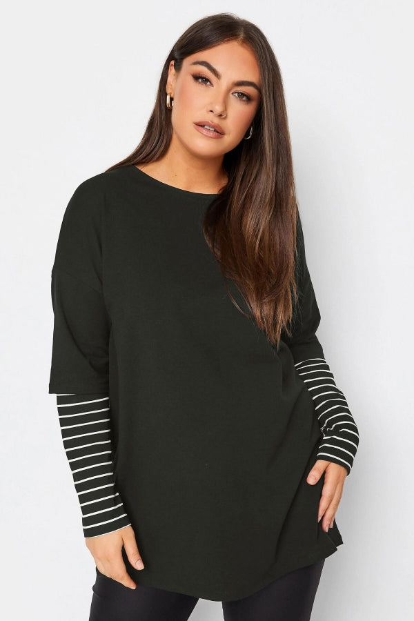 Büyük Beden Bisiklet Yaka Uzun Kollu Çift Katlı Kolları Çizgili T-shirt 302558 Vervegrand