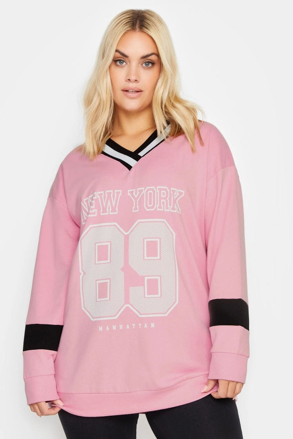 Büyük Beden V Yaka New York Baskılı Pembe Sweatshirt