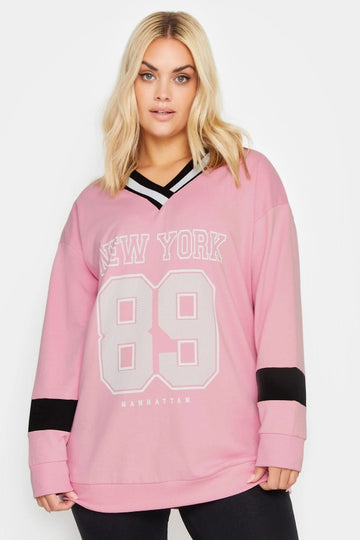 Büyük Beden V Yaka New York Baskılı Pembe Sweatshirt