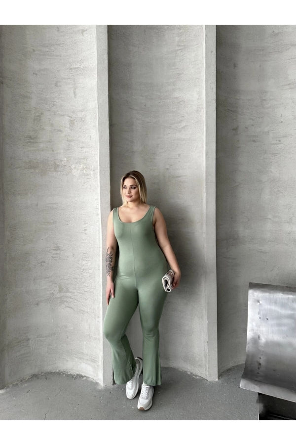 Büyük Beden Sıfır Kol İspanyol Paça Kapamasız Esnek Tulum 224983 Vervegrand