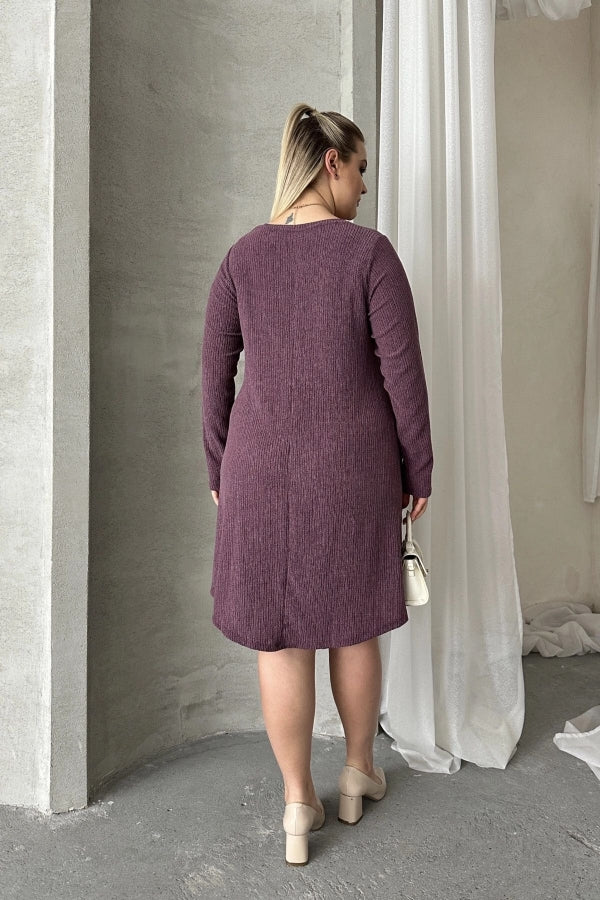 Büyük Beden Uzun Kollu Bisiklet Yaka Cepli Fitilli Elbise 100-186 Vervegrand