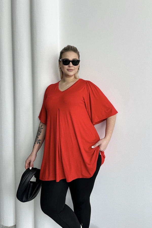 Büyük Beden V Yaka Desensiz Asimetrik Kesim Likralı Bluz MDL-5 Vervegrand