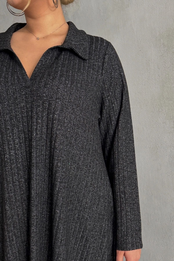 Büyük Beden V Yaka Uzun Kollu Fitilli Eteği Bollaşan Uzun Elbise 322181 Vervegrand