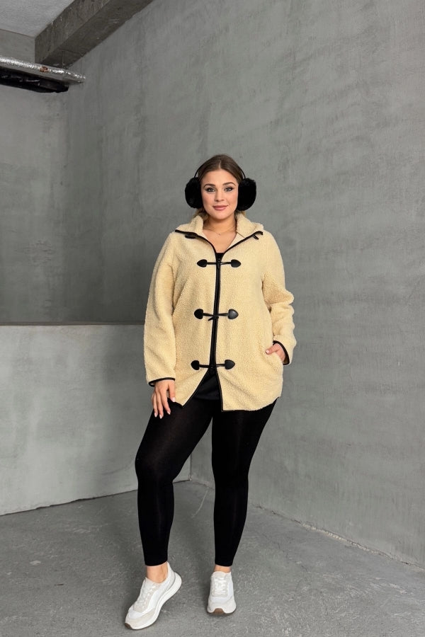 Büyük Beden Önü Kapamalı Cepli Uzun Kollu Peluş Mont 301815 Vervegrand