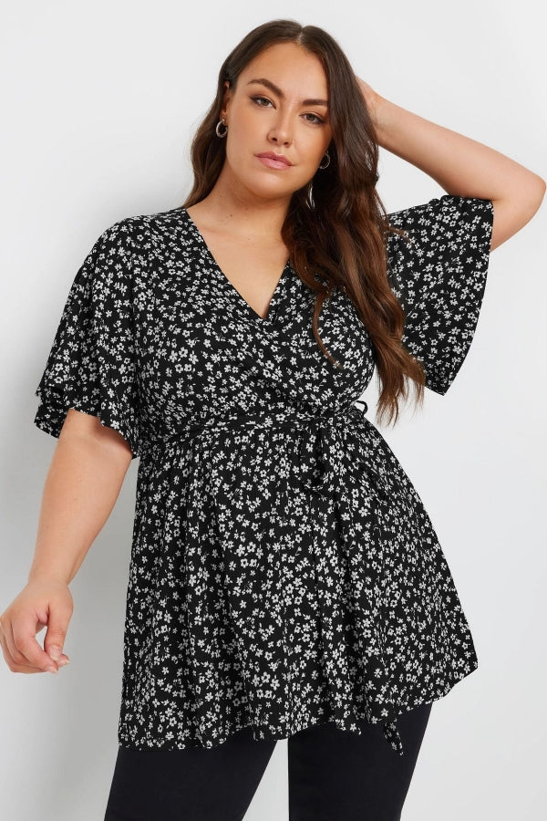 Büyük Beden V Yaka Bağlama Detaylı Desenli Kruvaze Bluz 321936 Vervegrand