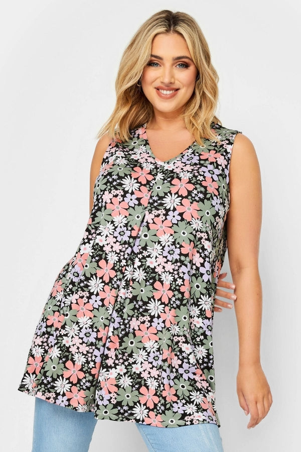 Büyük Beden Sıfır Kol V Yaka Çiçek Desenli Bluz 302384 Vervegrand