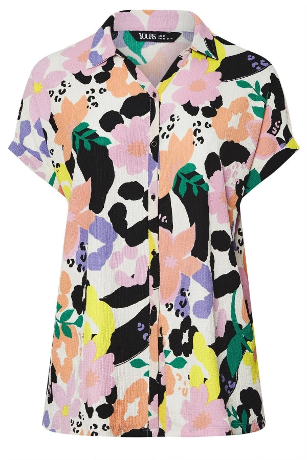 Büyük Beden Önü Düğmeli Kısa Kollu Çiçek Desenli Gömlek 304181 Vervegrand