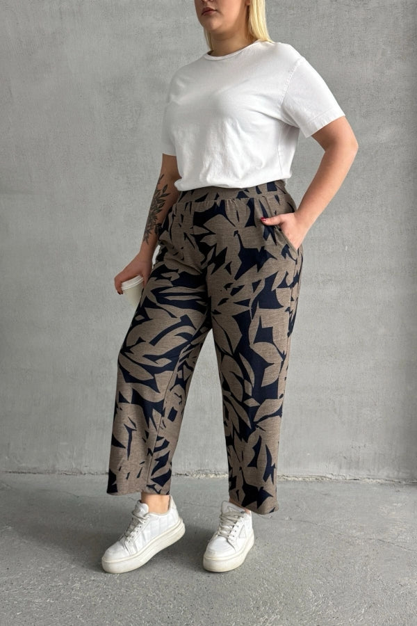Büyük Beden Beli Lastikli Bol Paça Desenli Cepli Pantolon 74-109 Vervegrand