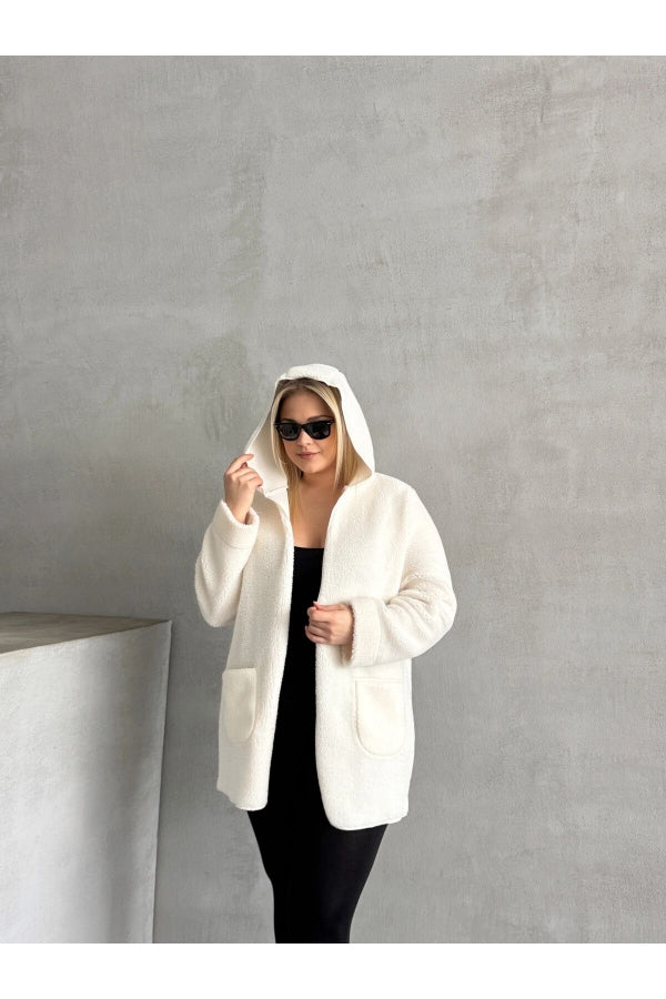 Büyük Beden Önü Kapamasız Cepli Kapüşonlu İnce Peluş Ceket 301256 Vervegrand