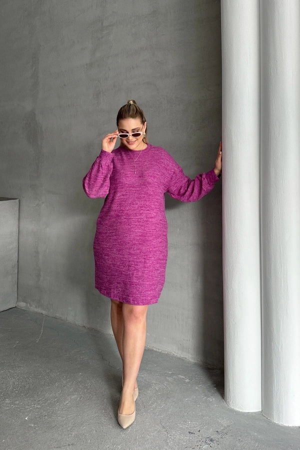 Büyük Beden Uzun Kollu Bisiklet Yaka Kırçıllı Elbise 84-162 Vervegrand