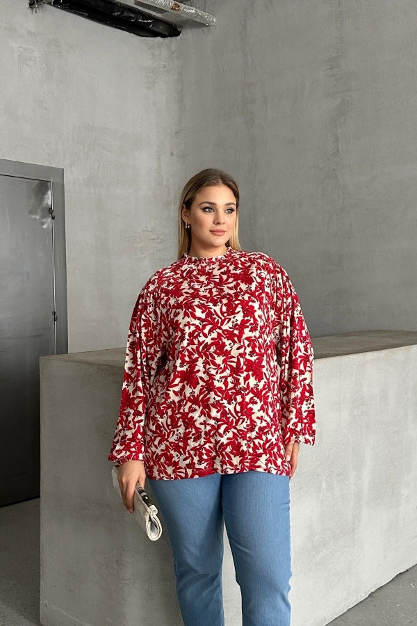 Büyük Beden Yakası Büzgülü Uzun Kollu Desenli Bluz E15233 Vervegrand