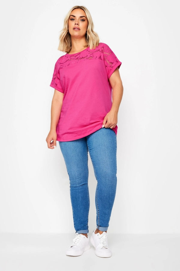 Büyük Beden Bisiklet Yaka Tül Detaylı Kısa Kollu T-shirt 321835 Vervegrand