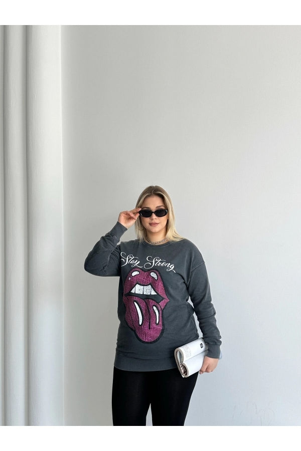 Büyük Beden Bisiklet Yaka Baskılı Pul Detaylı Yıkamalı Sweatshirt 301252 Vervegrand