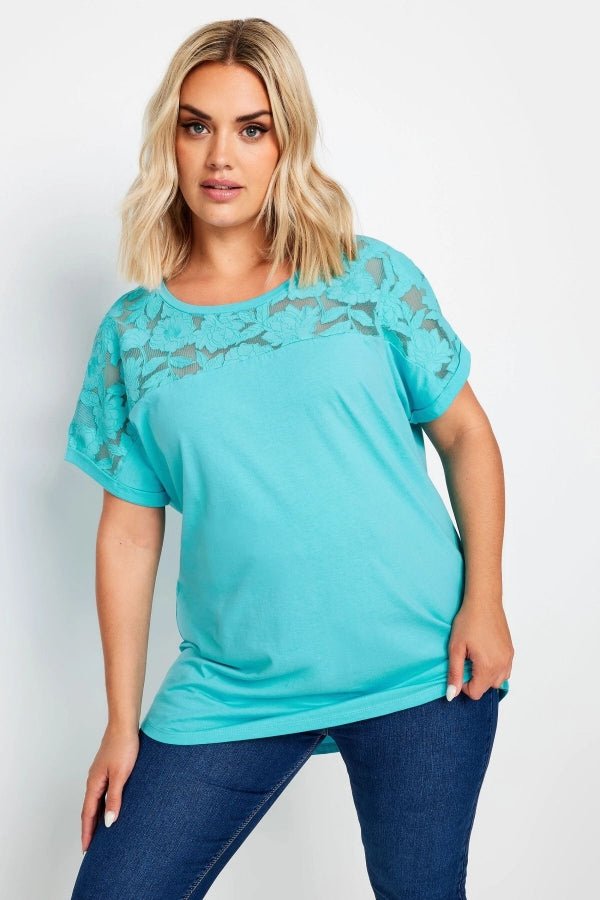 Büyük Beden Bisiklet Yaka Tül Detaylı Kısa Kollu T-shirt 321836 Vervegrand