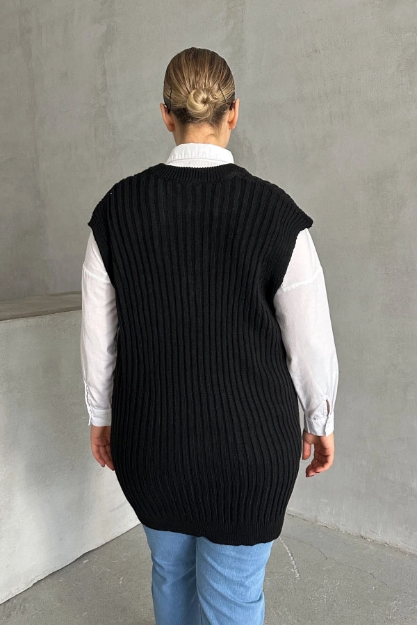 Büyük Beden V Yaka Kısa Kollu Triko Süveter 302134 Vervegrand