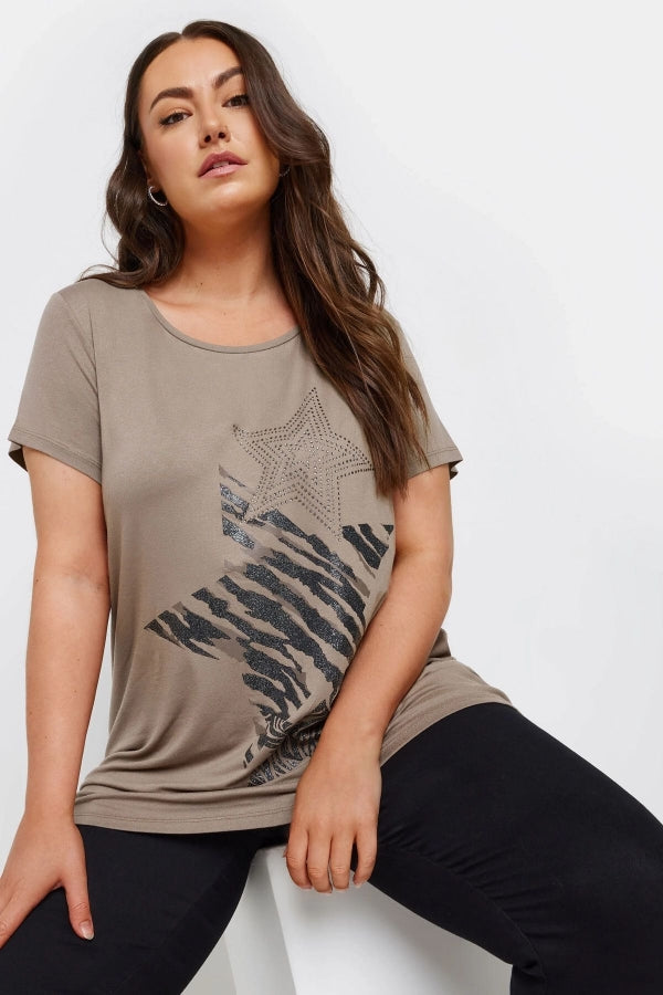 Büyük Beden Bisiklet Yaka Kısa Kollu Yıldız Taş Baskılı T-shir 322119 Vervegrand