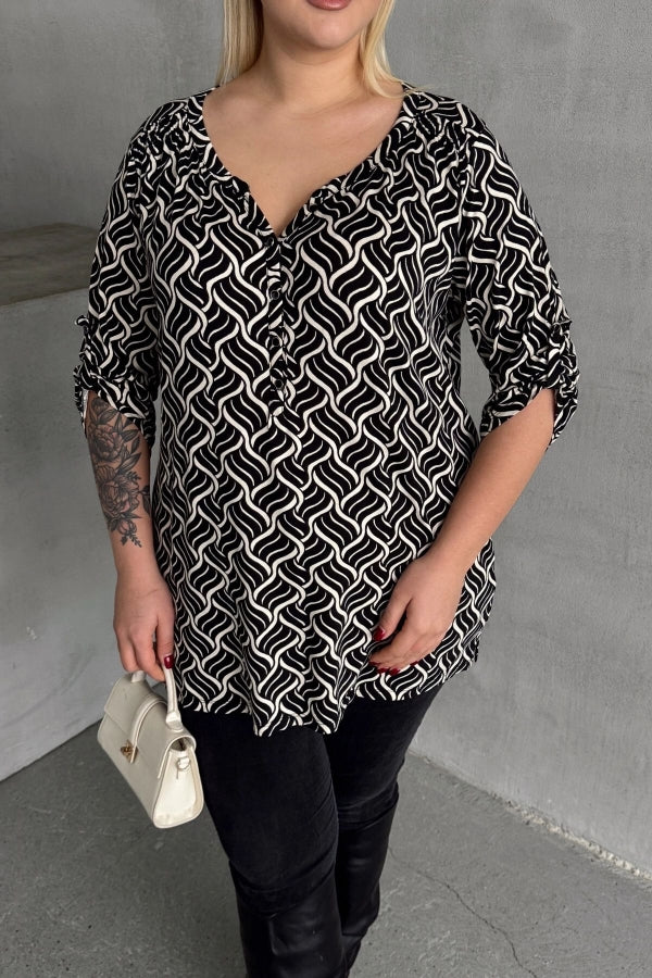 Büyük Beden V Yaka Önü Düğmeli Kolları Katlama Detaylı Likralı Bluz 1016 Vervegrand